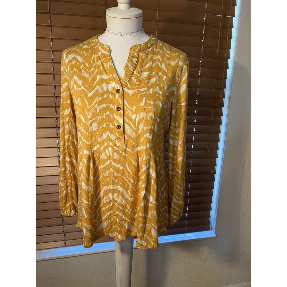 Wonderly Womens Tunic Top Size PM New‎ Yellow White Pattern Button Long Sleeve